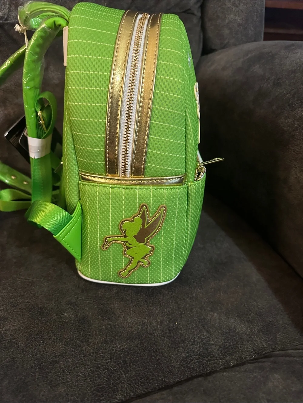 Loungefly Tinker Bell Jersey Bright Green Mini Backpack with Gold Accents
